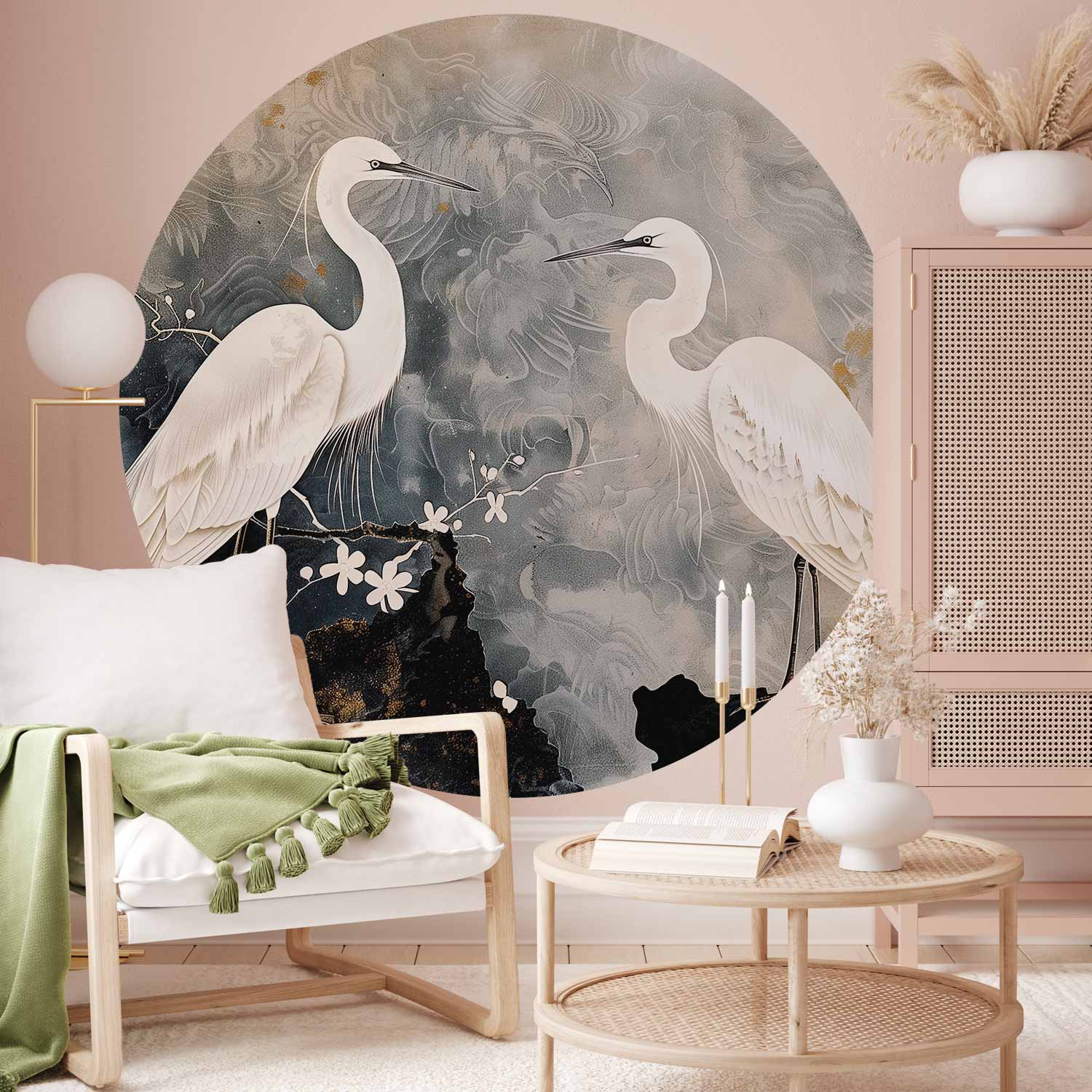 Runde Fototapete - Herons and cherry blossoms - oriental-style illustration depicting birds
