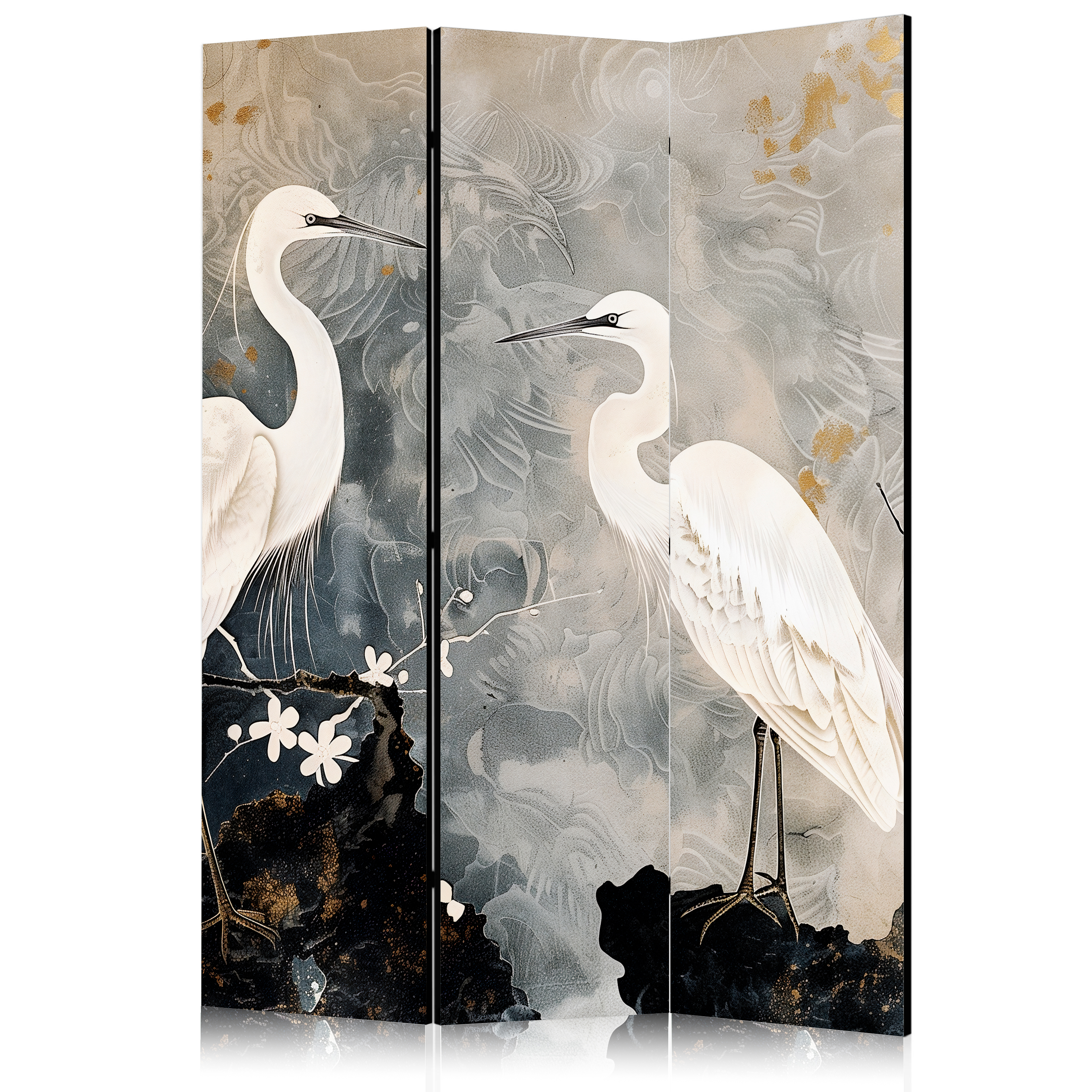 Paravent - Herons and cherry blossoms - oriental-style illustration depicting birds