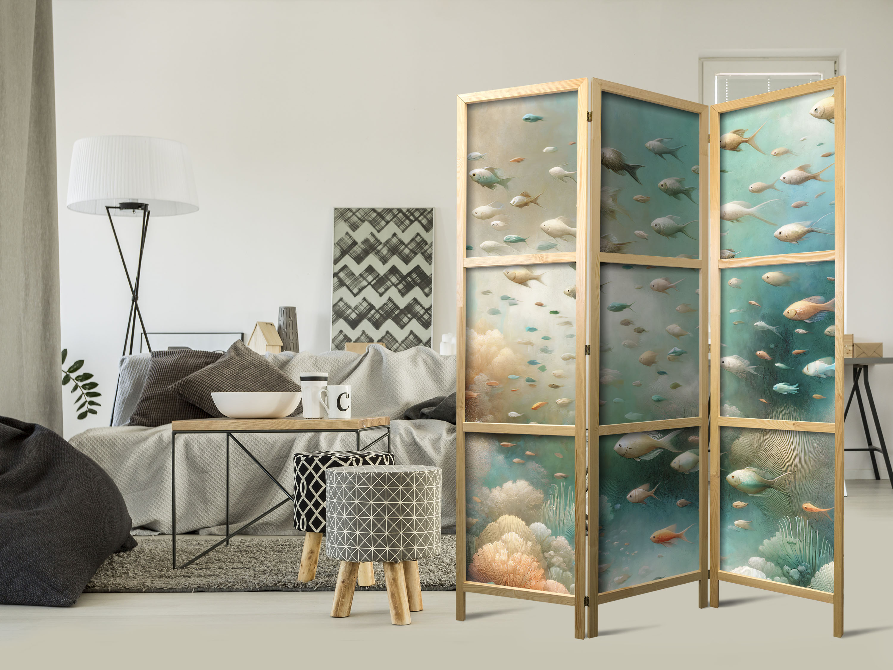 Japanischer Paravent - Spectacular Underwater Landscape - Fish in the Underwater World in Colors of Turquoise Blue Beige and Delicate Orange