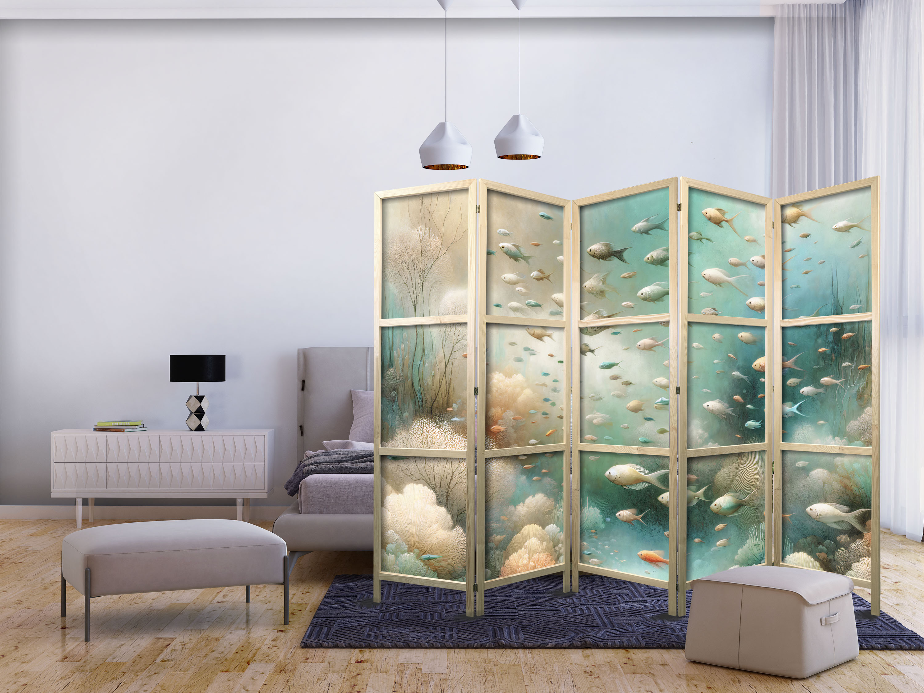 Japanischer Paravent - Spectacular Underwater Landscape - Fish in the Underwater World in Colors of Turquoise Blue Beige and Delicate Orange