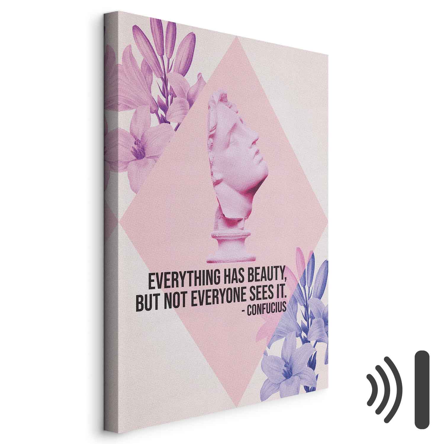 Leinwandbild - Beauty in the Eyes - Inspirational Quote with Pink Bust and Flowers