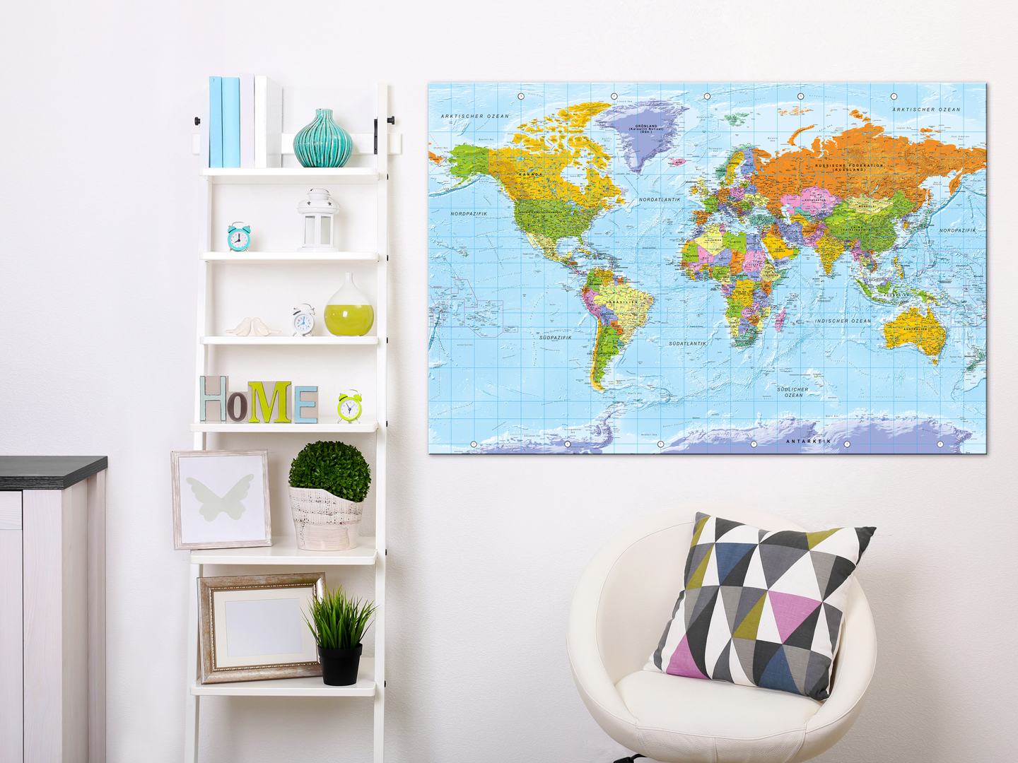 Pinnwand XXL – Weltkarte 120x80 Cm, Vlies-Leinwandbild, Kunstdruck, Moderne Wanddeko, Karten-Motiv Bunt – Inkl. 50 Pinnnadeln & Montagematerial
