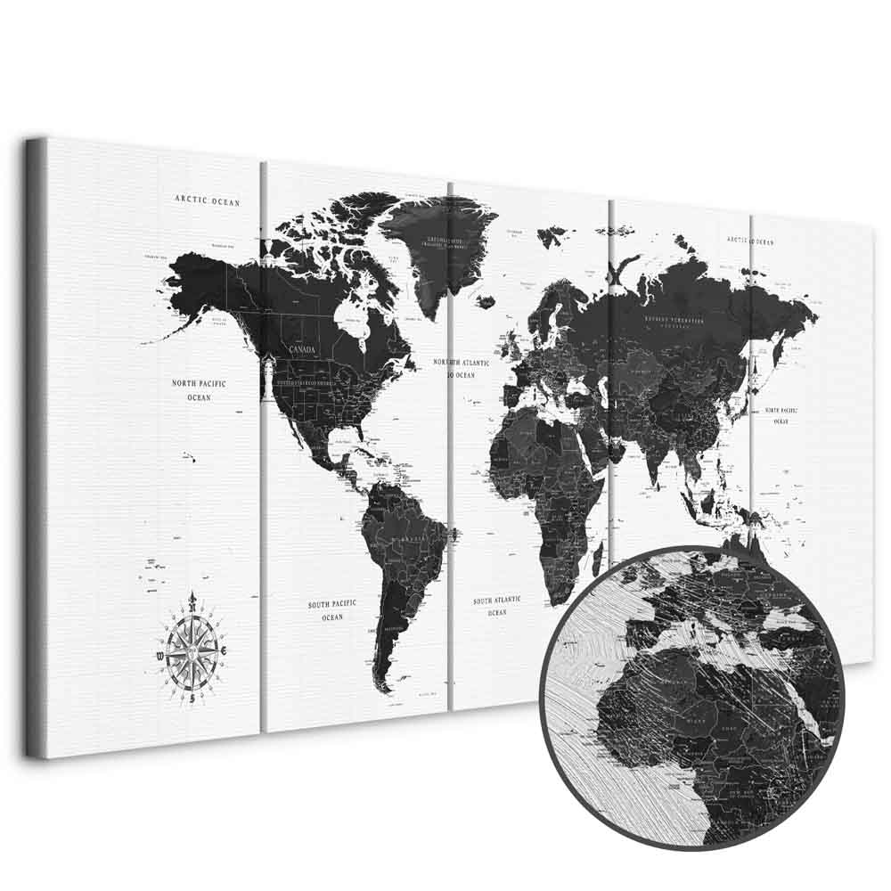 Leinwandbild - Black and White Map (5 Parts) Narrow