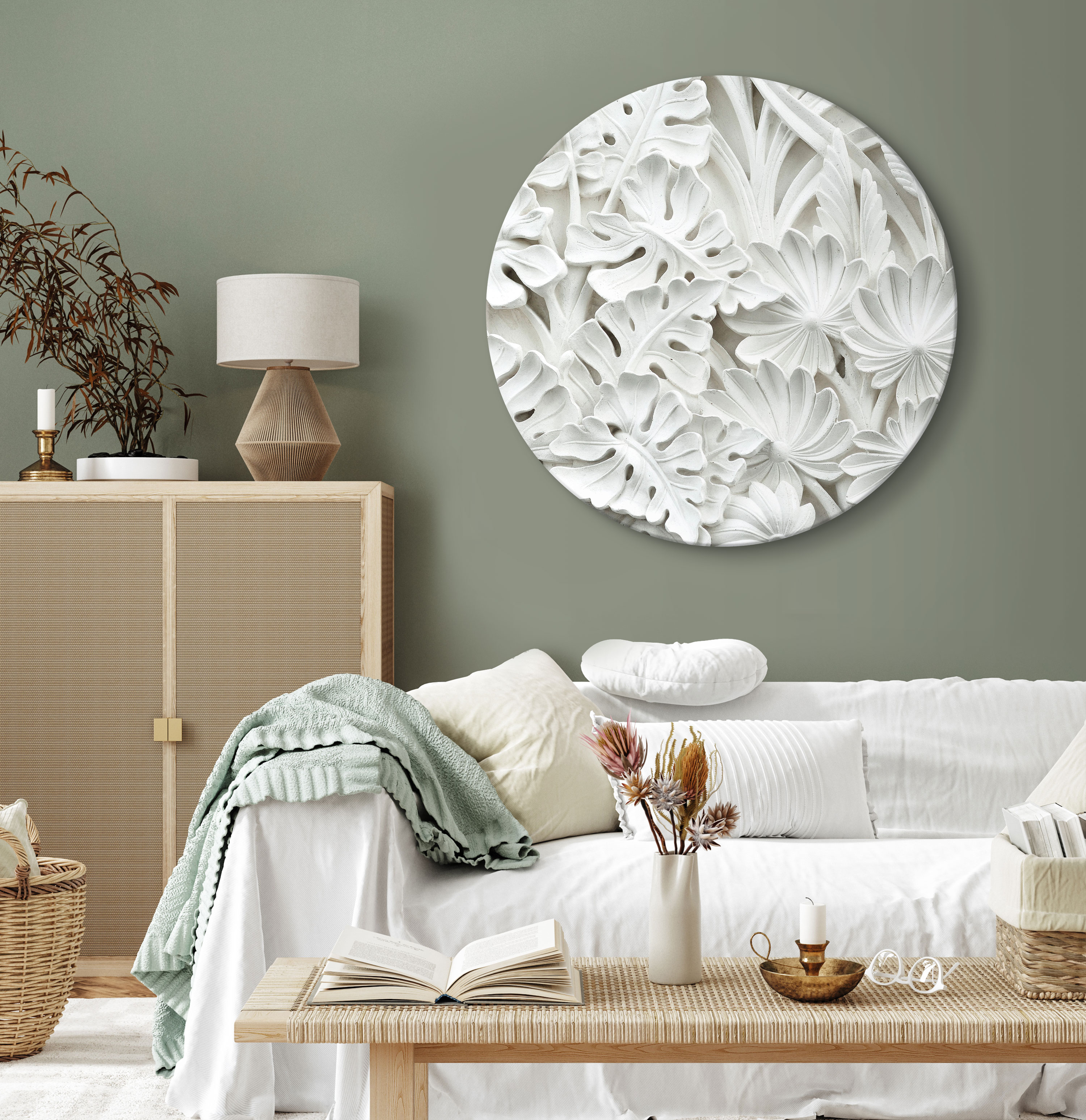Rundes Bild - Carved Nature - Pattern With White Leaves Made of Stone