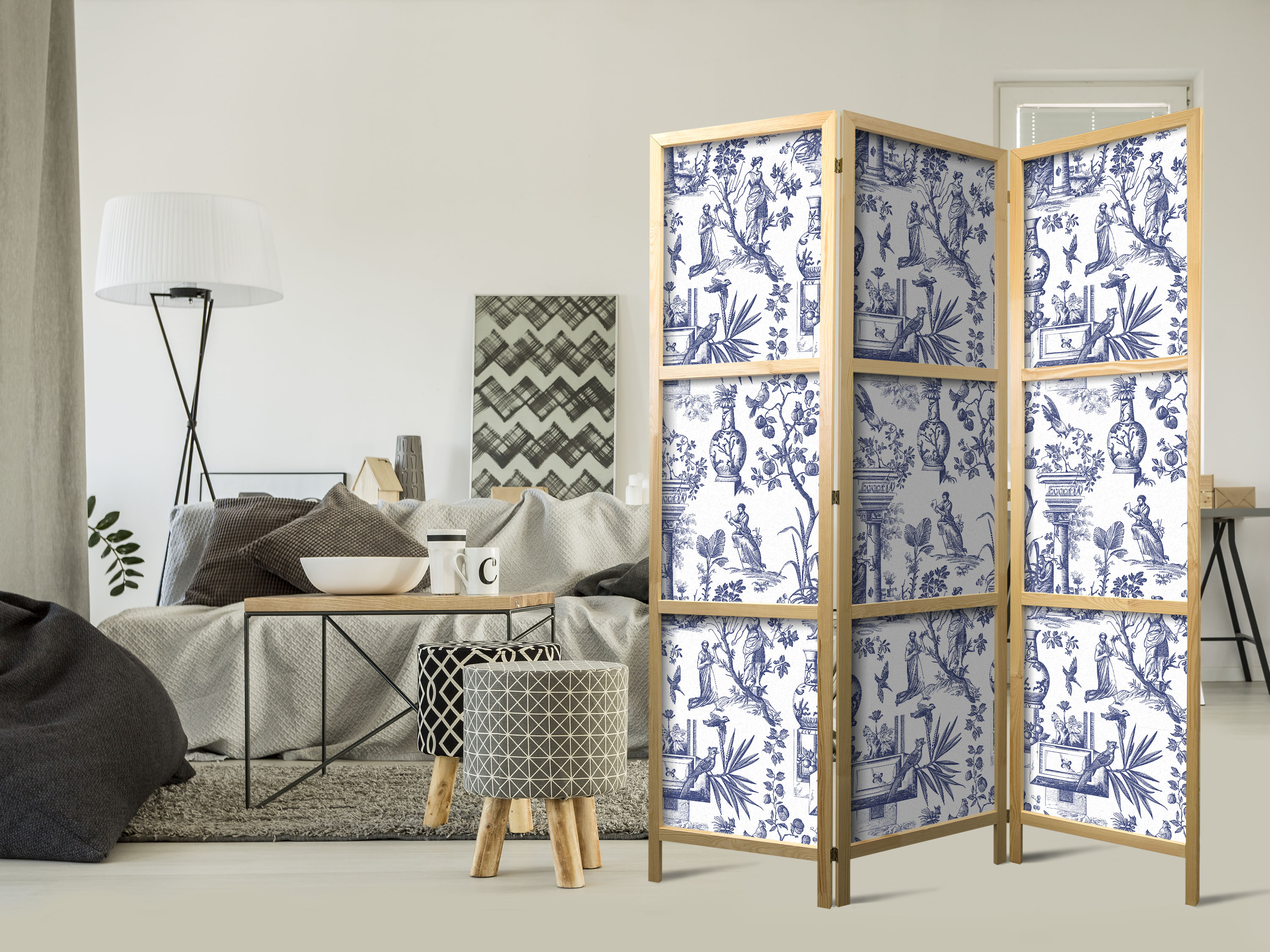 Japanischer Paravent - Rome and Botany - Blue Pattern with Greek and Plant Motif