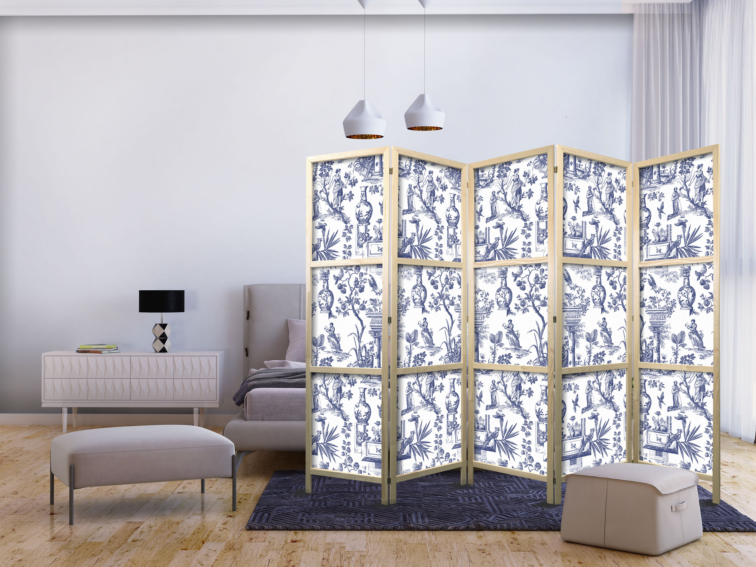 Japanischer Paravent - Rome and Botany - Blue Pattern with Greek and Plant Motif