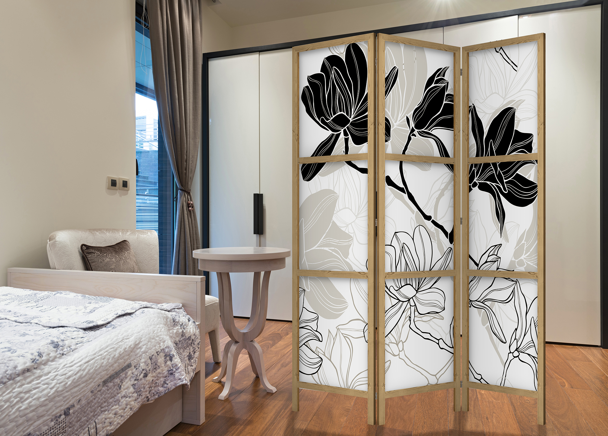 Japanischer Paravent - Black and White Flowers I