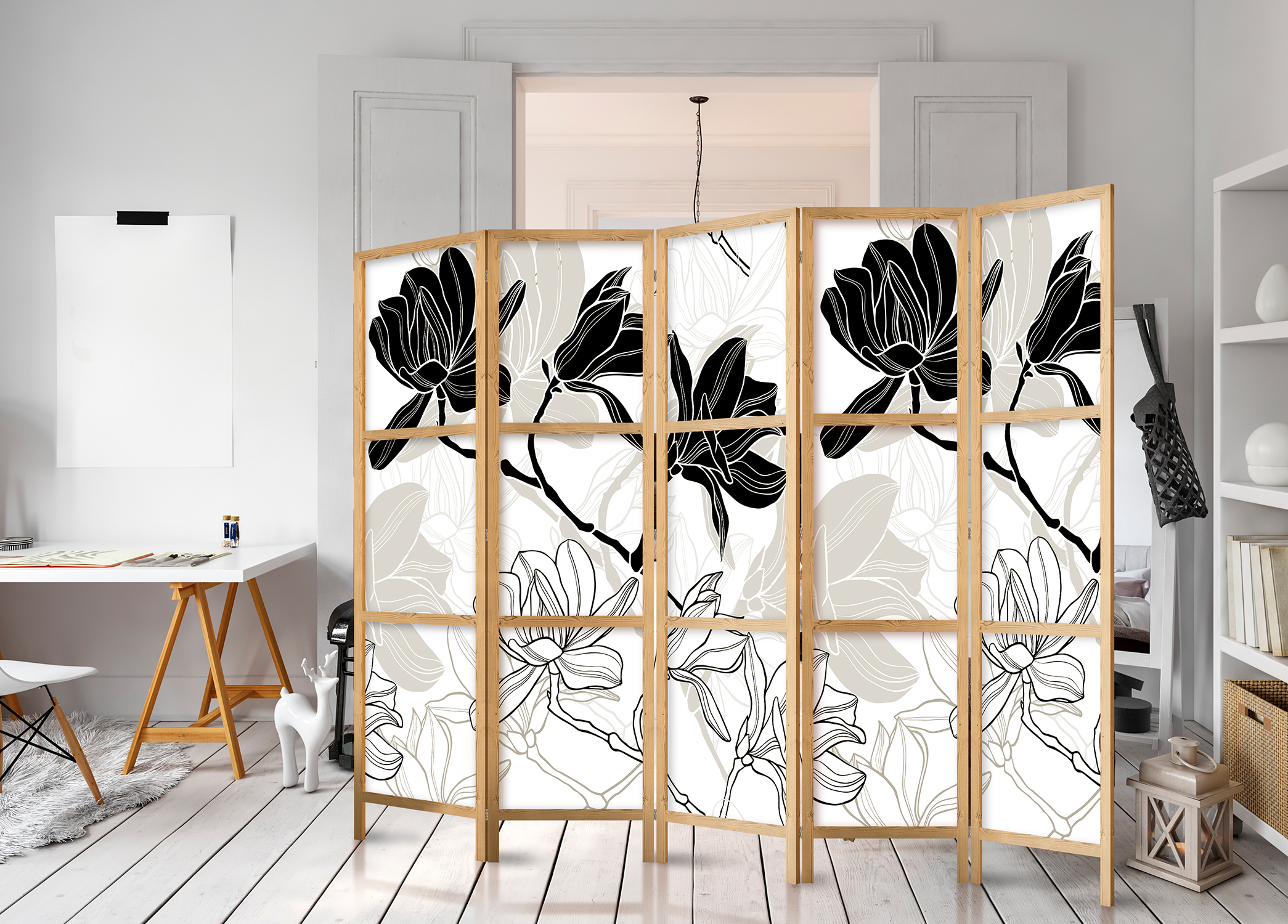 Japanischer Paravent - Black and White Flowers II