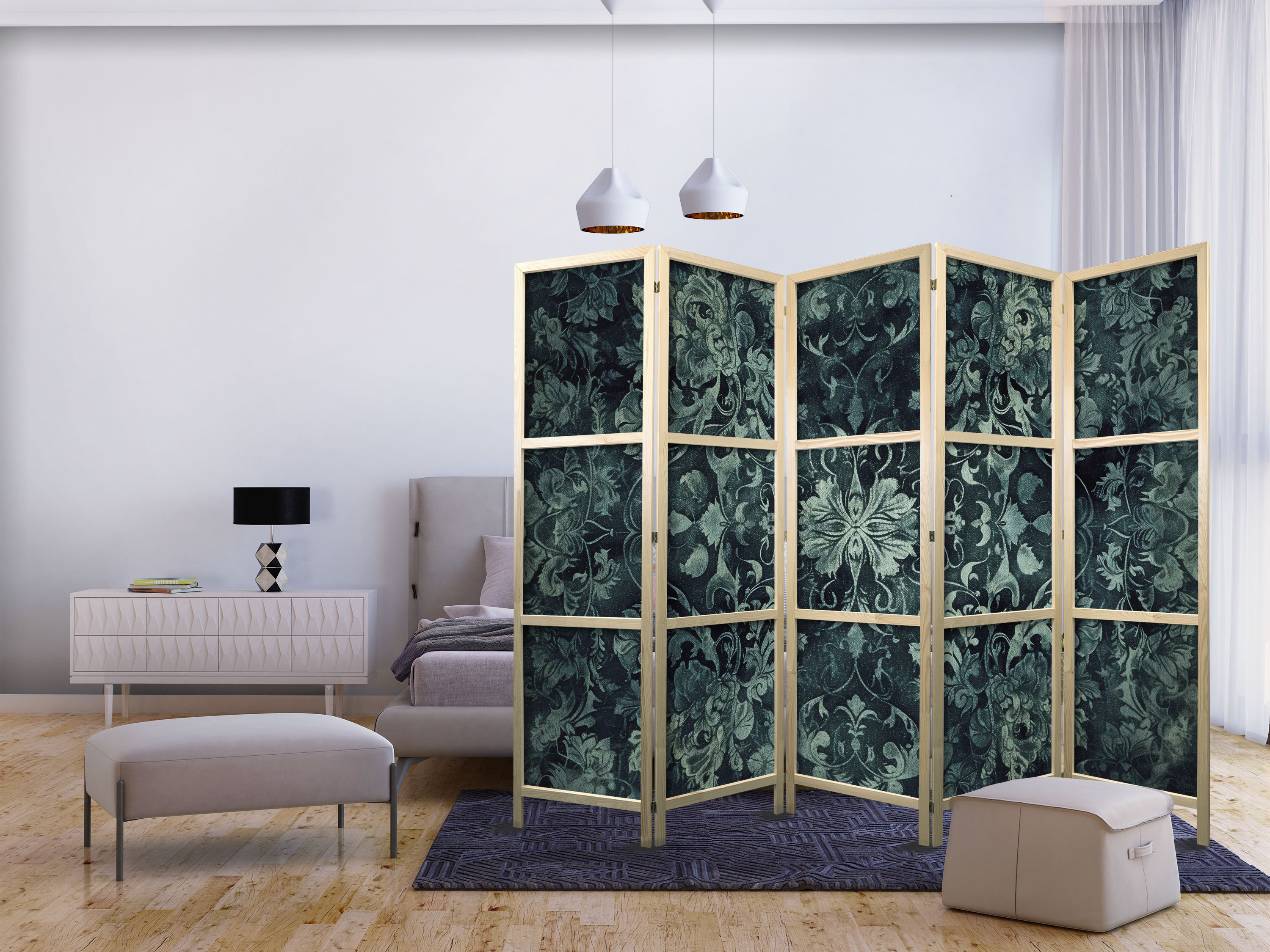 Japanischer Paravent - Oriental Pattern Carpet - Emerald Ornaments and Worn Patterns